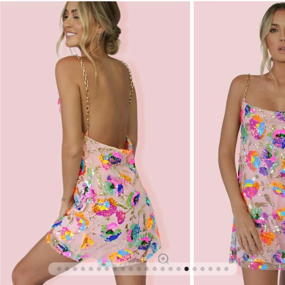 Backless Pink Sequin Mini Dress with Chain Straps